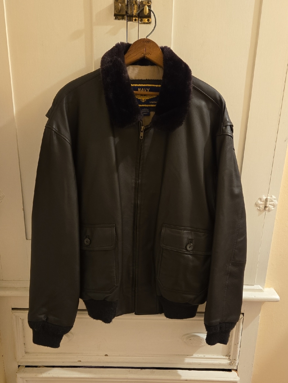 Navy Dark Brown Leather Bomber Jackwt Sz M